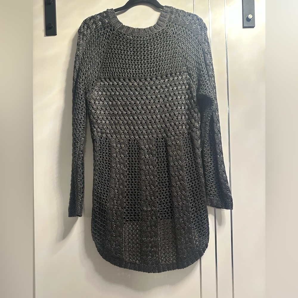 Love & Legend X Charcoal Knit Shimmer Open Knit Crochet Long Sleeve Sweater - Picture 2 of 8